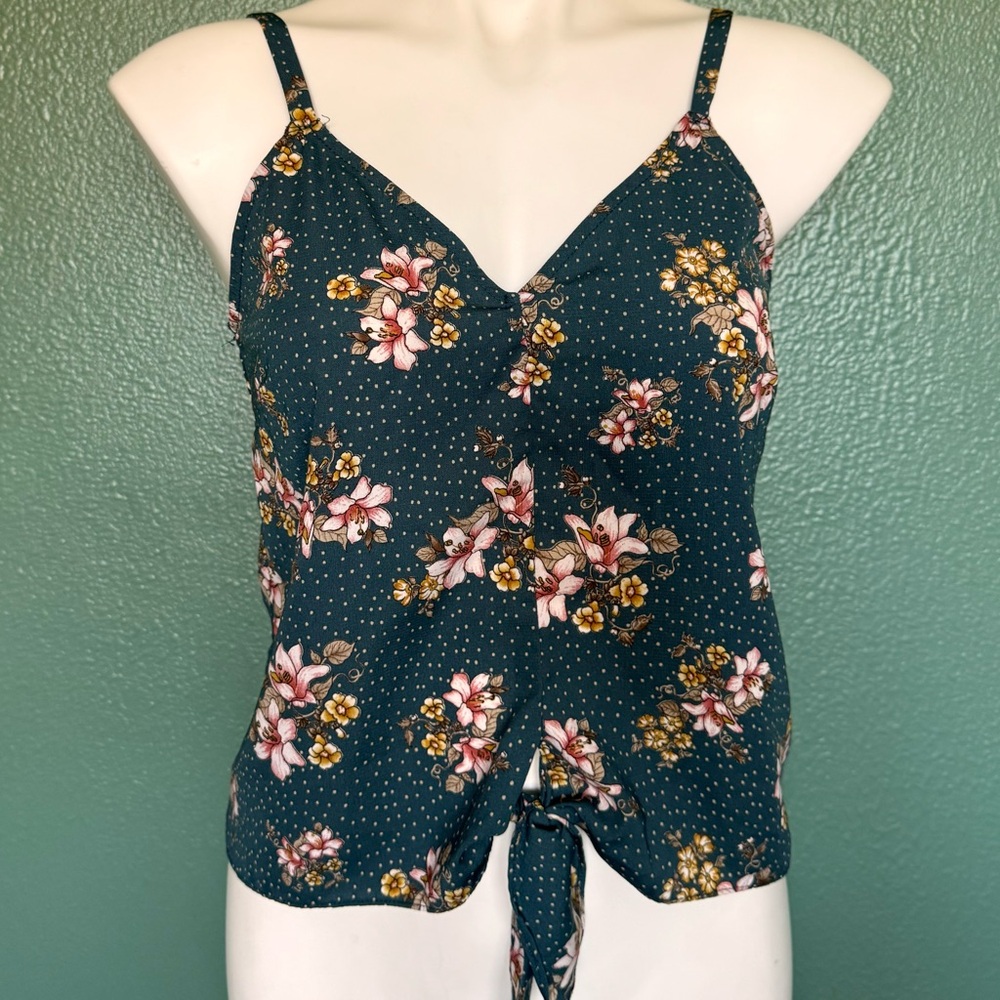 Vixbe XS Spaghetti Strap Tank Navy Blue Top Polka Dots Floral Tie From Shirt